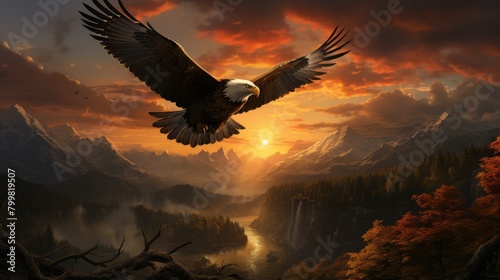 An eagle soars above a mountain landscape at sunset.