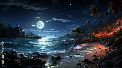 fantasy beach at night with palm trees  moonlight  and a starry sky