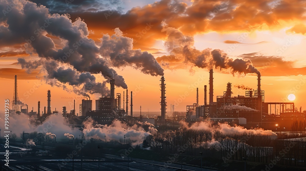 factory in nature landscape with big chimney smoke, air pollution. Sustainability, industry, manufacturing, emission concept. copy space for text.