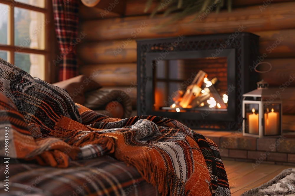 A cozy living room with a fireplace, a couch, and a rug A cozy living room with a fireplace, a couch, and a rug