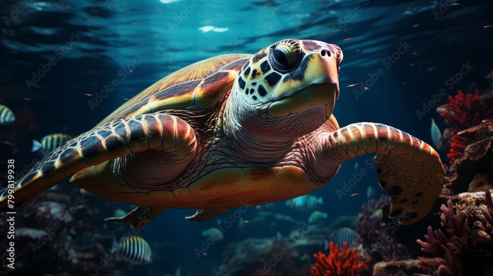 Fototapeta premium A beautiful green sea turtle swims gracefully through a vibrant coral reef, surrounded by schools of colorful fish.