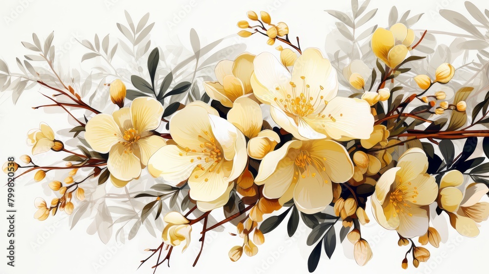 A branch of yellow cherry blossoms painted in watercolors on a white background.