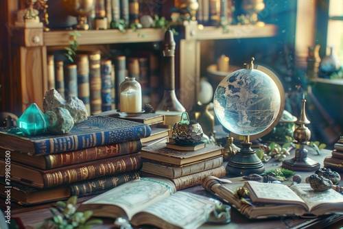table with a globe and books on it