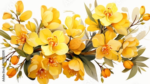 A branch of yellow flowers on a white background in a watercolor style.