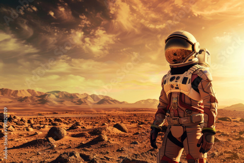 A young woman in a spacesuit, standing on the surface of Mars © Veniamin Kraskov