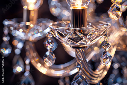 Inside view of an Italian chandelier showing the interaction of light with crystal elements against a dark background.