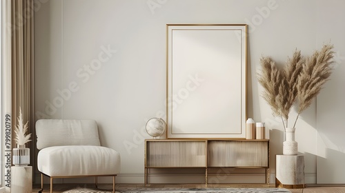 Mockup frame in living room interior with chair and decor, Scandinavian style.3d rendering,  Mock up poster frame in modern interior fully furnished rooms background, living room, ai generated  photo