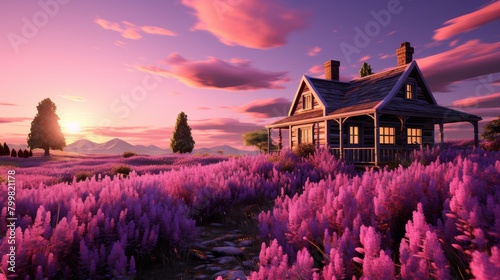 A small cottage in a field of lavender at sunset. photo