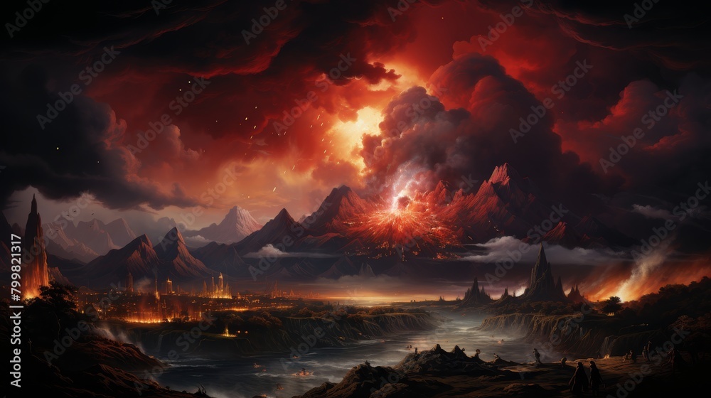 A volcano erupts in the distance, casting a red glow over the sky and lighting up the landscape.