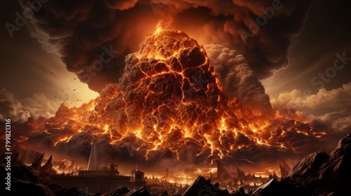 A volcano erupting in the middle of a city, with lava flowing down the streets and destroying buildings.