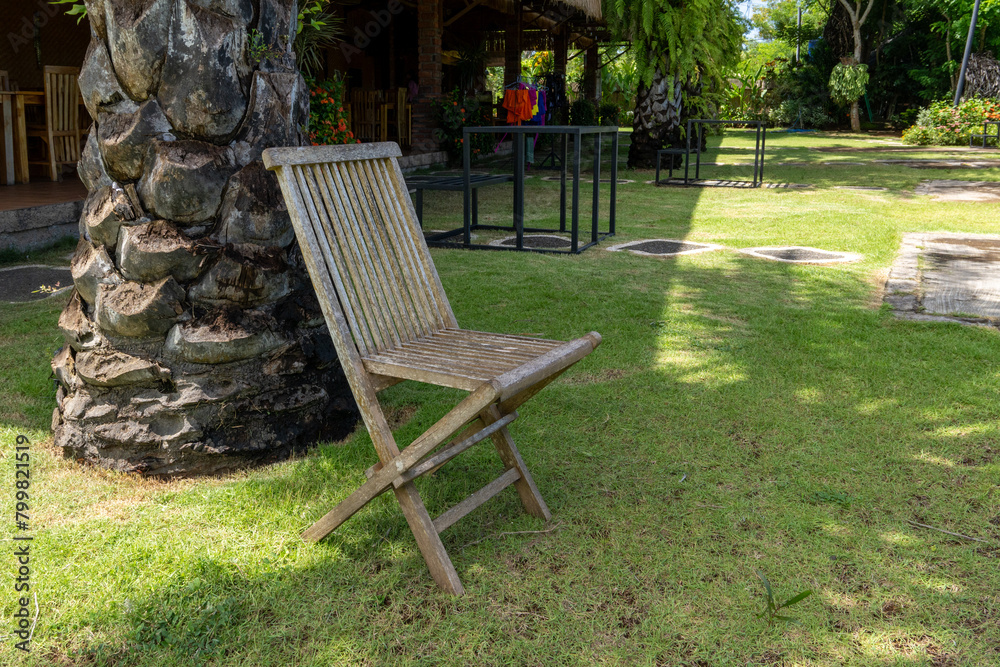 Serenity in Simplicity A single wooden chair placed thoughtfully beside a textured palm tree trunk in a peaceful garden setting, inviting contemplation and calm Serenity in Simplicity A single wooden chair placed thoughtfully beside a textured palm tree trunk in a peaceful garden setting, inviting contemplation and calm