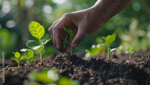 Planting young seedlings or seeds in soil by hand in the garden