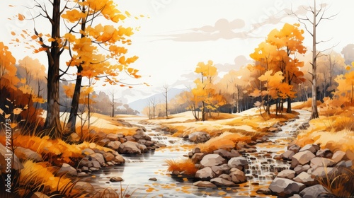 A watercolor painting of an autumn landscape with a river running through it.