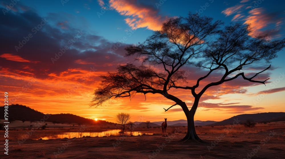 An African sunset with a single giraffe standing in front of a large tree with a beautiful cloudy sky.