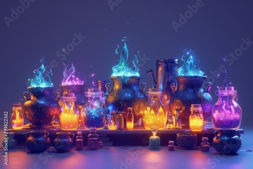 A table with a variety of colorful bottles © Phuriphat