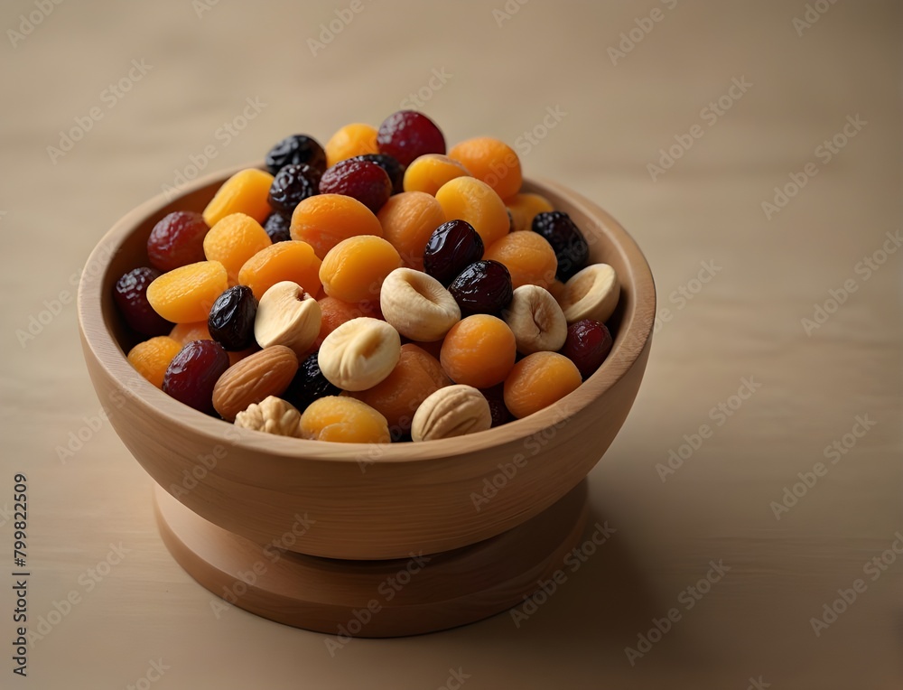 Dried fruits and nuts on a beige ceramic table. The mix of nuts, apricots, and raisins in a wooden bowl. Copy space. Dried fruits and nuts on a beige ceramic table. The mix of nuts, apricots, and raisins in a wooden bowl. Copy space.