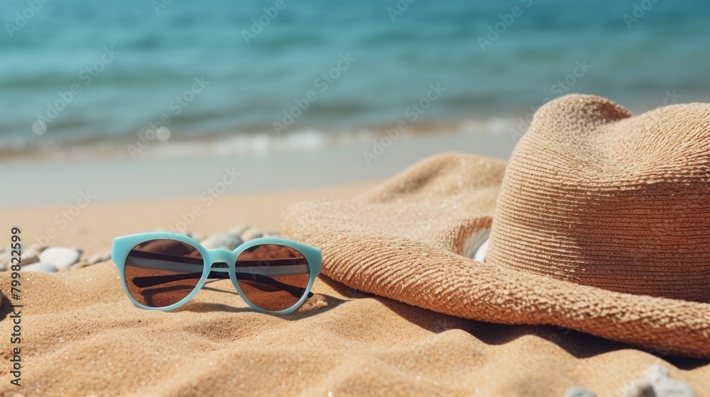 Beach accessories on the sandy seashore. Summer vacation concept. Straw hat and sunglasses on the sand. Space for text.