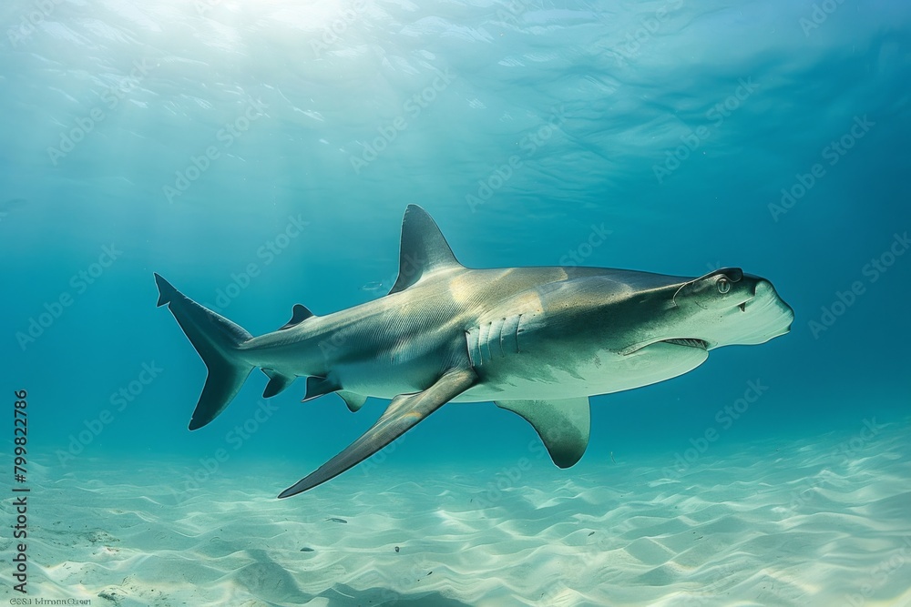 Obraz premium hammerhead shark swimming in the deep blue.