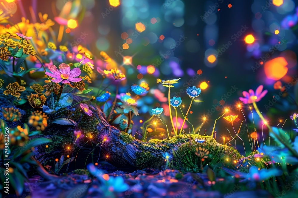 A colorful, fantastical forest filled with flowers and plants