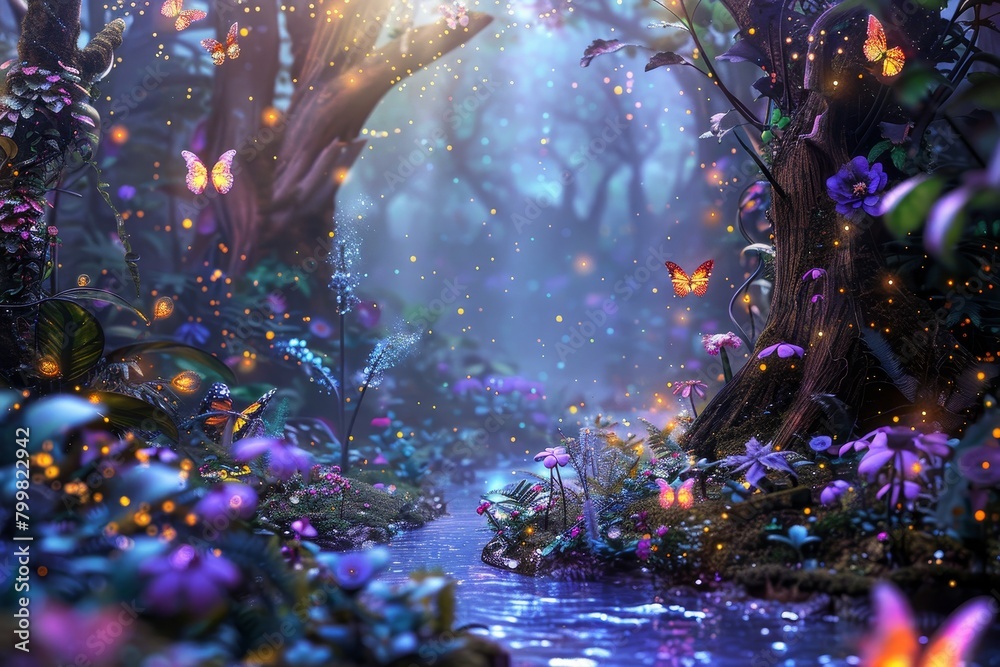 A colorful, fantastical forest filled with flowers and plants