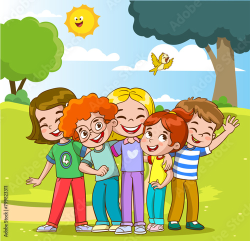 Group portrait of smiling teenage boy and girl or school friends standing together, embracing each other, waving. Happy students isolated on white background. Flat cartoon vector illustration.