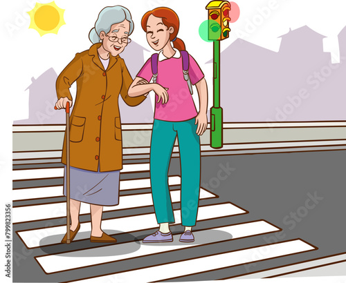 young girl helps old woman. old woman and young woman walking on crosswalk cartoon vector