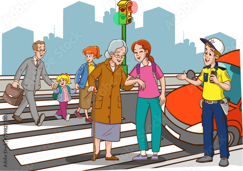 young girl helps old woman. old woman and young woman walking on crosswalk cartoon vector
