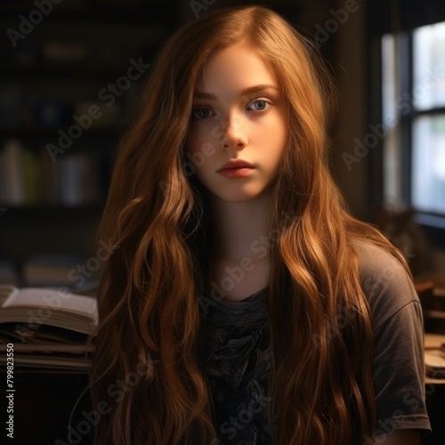 Thoughtful young woman with long wavy hair