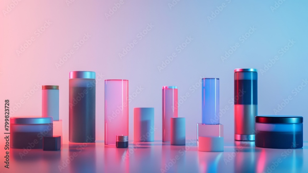 Obraz premium A row of colorful bottles and jars are arranged on a table, creating a vibrant