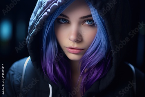 Mysterious woman with vibrant purple hair