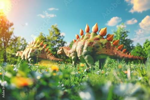 dinosaurs, one of which is a Stegosaurus photo