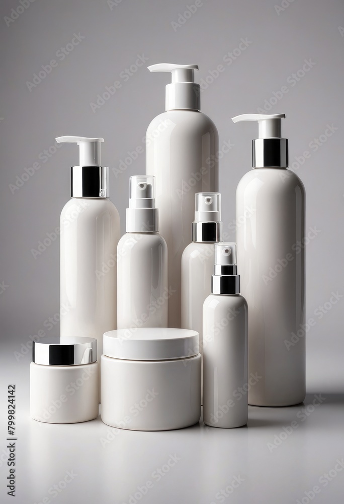 A collection of different blank cosmetic bottle mock-ups, presented in isolation against a white background A collection of different blank cosmetic bottle mock-ups, presented in isolation against a white background