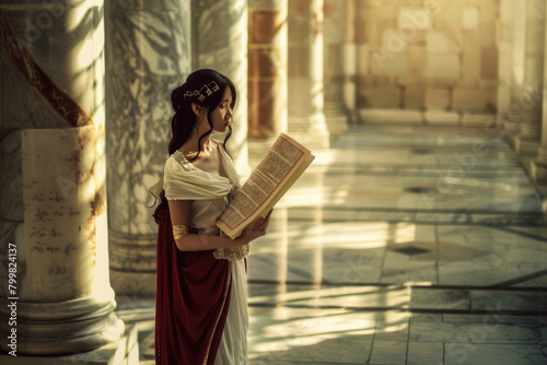 A young woman in ancient Roman attire, holding a scroll in a marble courtyard