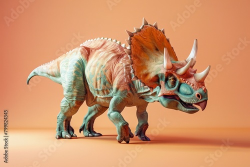 A dinosaur with a green and orange body and a large horn on its head