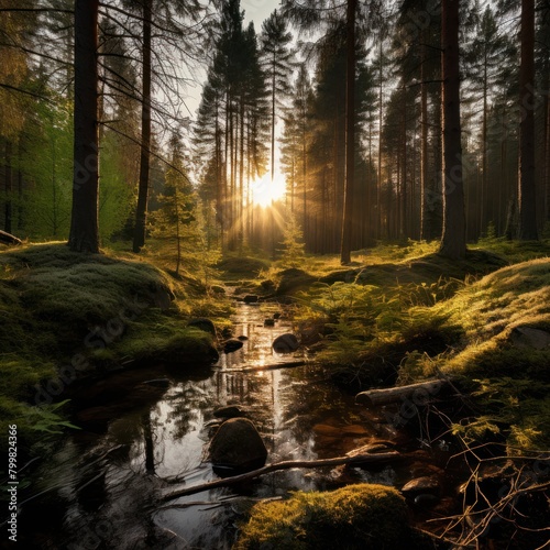 Enchanting Forest Landscape with Sunbeams