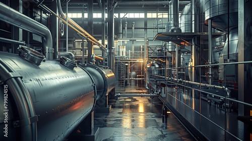 Interior of modern industrial boiler room with large metal tanks and pipes at industry factory. copy space for text.