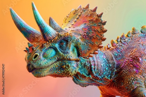 A dinosaur with a colorful body and a large horn on its head