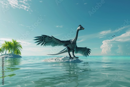 A large bird is standing on a rock in the ocean