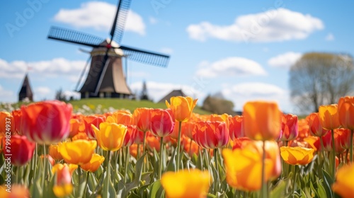 Vibrant Tulips and Windmill Landscape