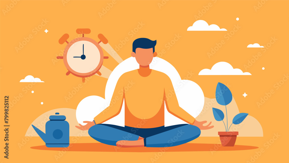 A man practicing mindfulness and deep breathing exercises while basking in the warm light of a sunrise alarm clock.. A man practicing mindfulness and deep breathing exercises while basking in the warm light of a sunrise alarm clock..