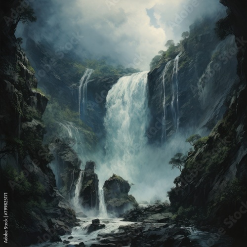 Majestic Waterfall in Misty Landscape