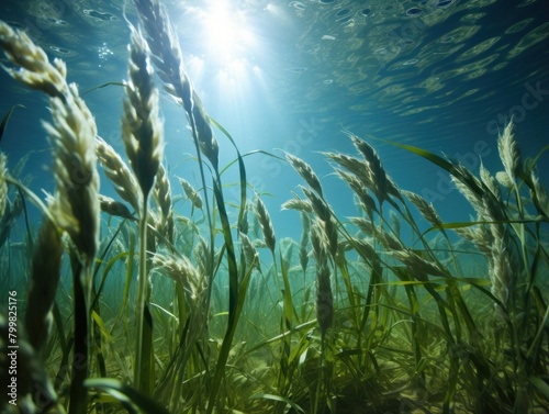 Underwater view of lush green grass and plants