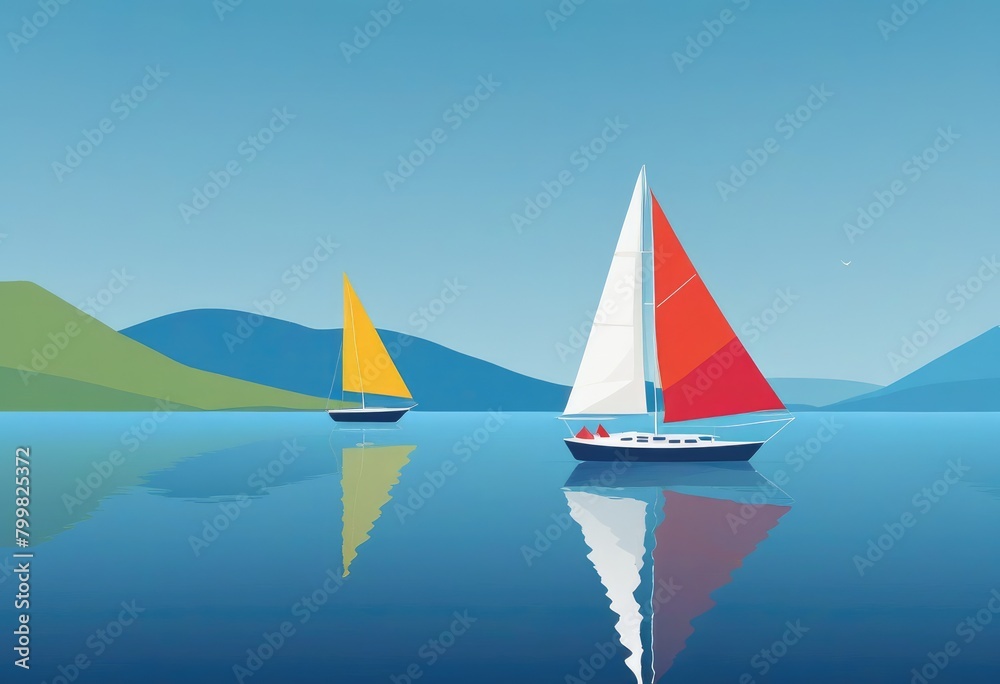 A serene seascape unfolds, with a sailboat gracefully navigating the tranquil blue waters A serene seascape unfolds, with a sailboat gracefully navigating the tranquil blue waters