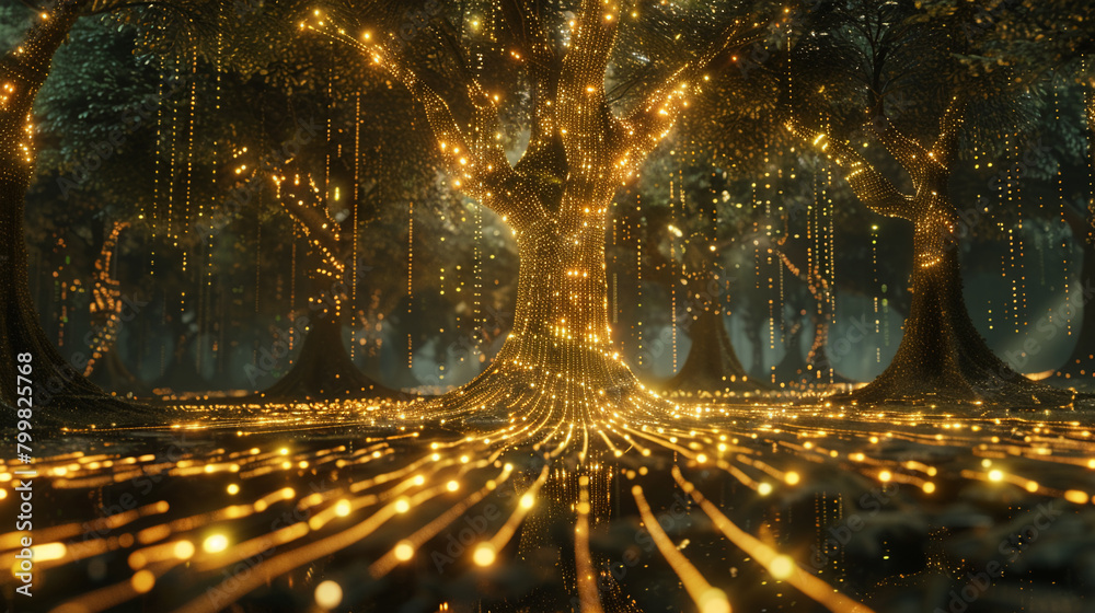 Create a digital forest where trees are made of golden circuits and leaves display live stock market feeds. The ground is covered in a carpet of glowing financial graphs and charts