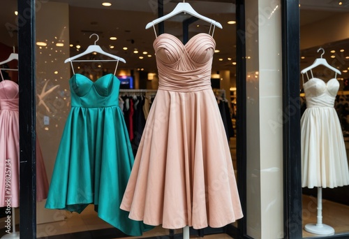 A strapless dress is displayed in a store window, radiating elegance and sophistication to passersby photo