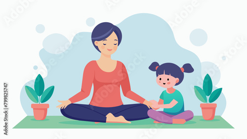 A mother and her child practicing yoga together focusing on their breath and the sensations in their bodies..