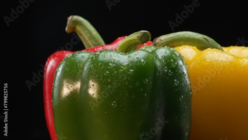 Macro of fresh bell peppers in this stunning macrography against a black background. Each close-up shot captures the rich hues, intricate textures, and captivating details of bell peppers. Comestible. photo
