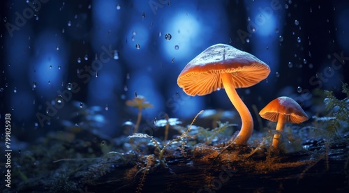 Magical mushroom forest scene with rain