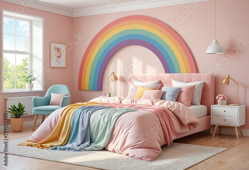 A vibrant rainbow-themed bedroom adorned with a pink bed and matching comforter for a whimsical touch 