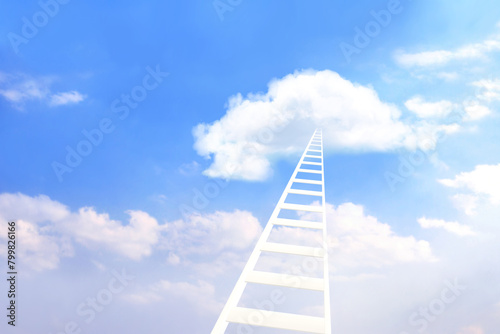 Ladder reaches cloud on blue sky background. Motivation, inspiration, spiritual, dream, challenge and imagination concept. Stairs to heaven. Stairway in cloudy sky. 3d render